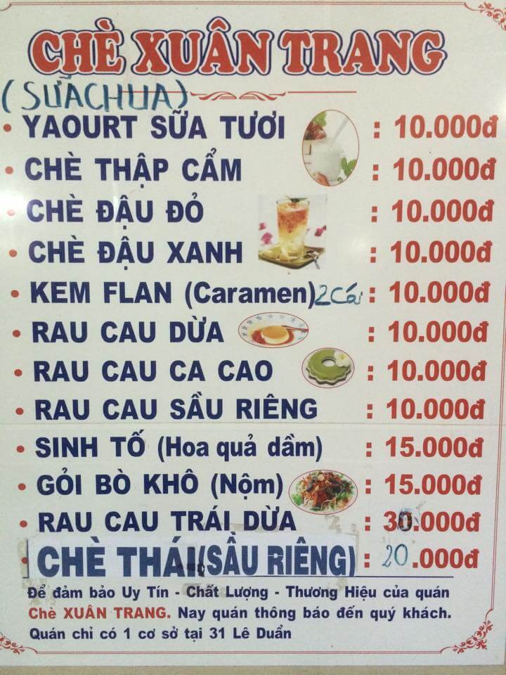 Menu chè Xuân Trang Đà Nẵng